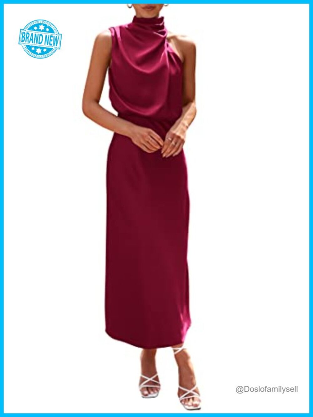 Women's Satin Maxi Dress Mock Neck Sleeveless Formal Cocktail